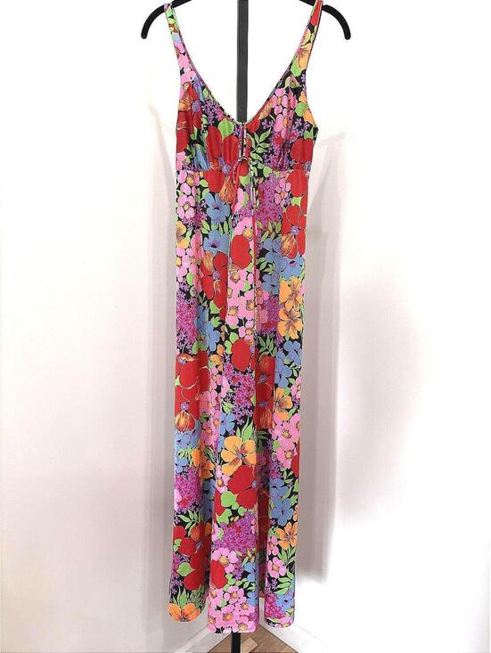 Dresses & Skirts - Floral Print Sleeveless Maxi Dress Handmade 70s Bright Funky Dress